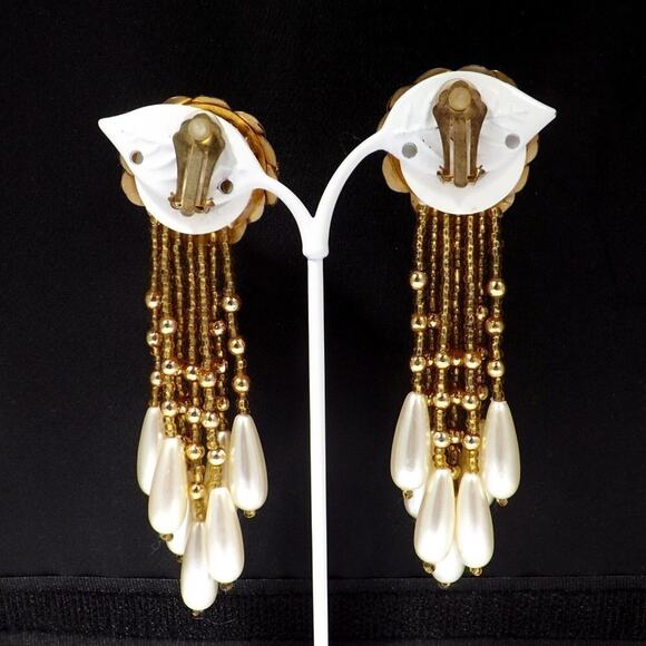 Vintage Gold Sequin Bead Dangle Earrings, Long Tassel Pearl Drop Clip On Jewelry - Picture 3 of 8